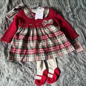 Shabby Chic Infant Holiday Red Plaid Dress with Bow and Tights. NWT 6-9 M